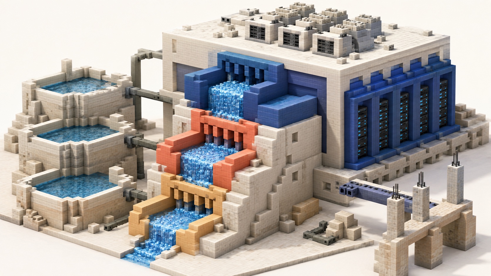 Conceptual voxel illustration of stepped capital distribution sluice beside a compute hall