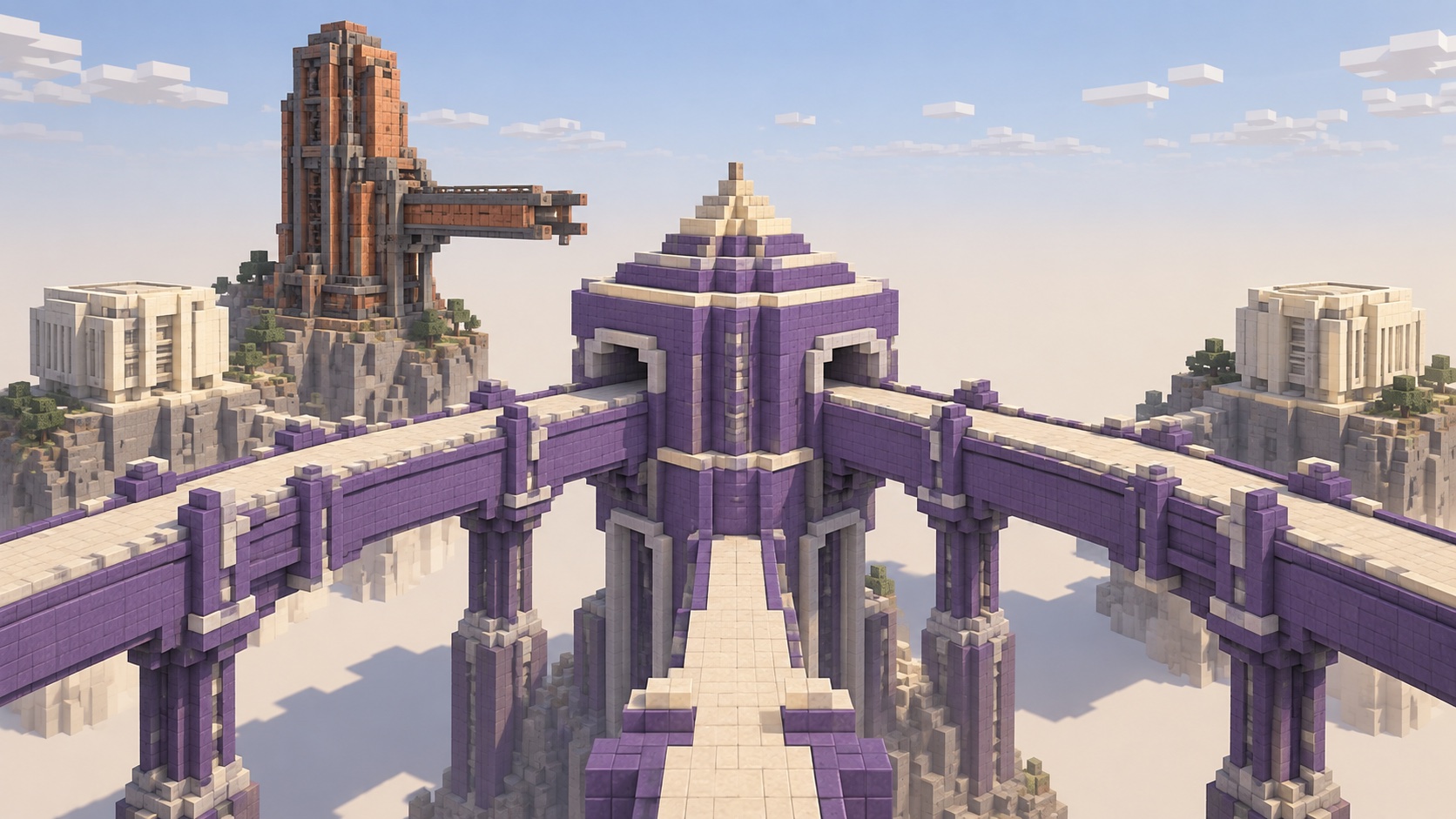 Conceptual voxel open routing hub with a separate compute tower and unfinished connection