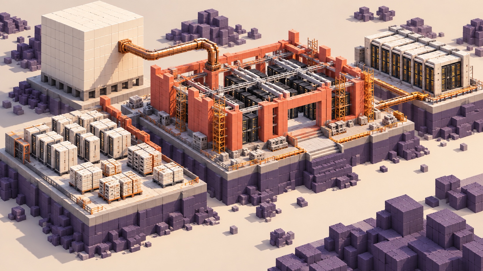 Conceptual voxel illustration of funding connected to staged construction and rack delivery, not an actual Oracle site